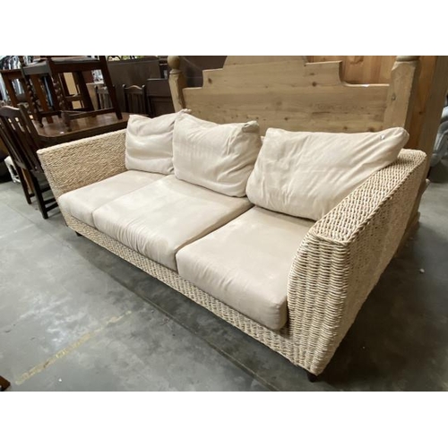 144 - Seagrass 3 seater settee with cushions 220W