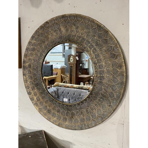 154 - Contemporary gilt metal framed circular mirror 93cm diameter