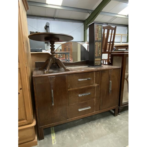 161 - 1930's oak sideboard 137H 137W 50D, oak pedestal occasional table 48H 62cm diameter & a book inspire... 