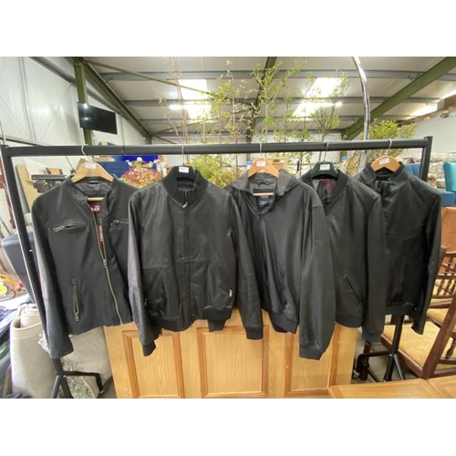 170 - 5 black leather jackets - Hugo Boss (size L), Ted Baker (size 4), Super Dry (size L, please note a s... 