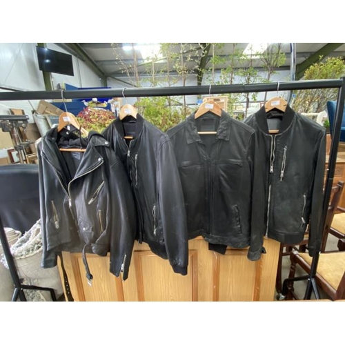 177 - 4 All Saints black leather jackets (3 size M and 1 with hood size L)