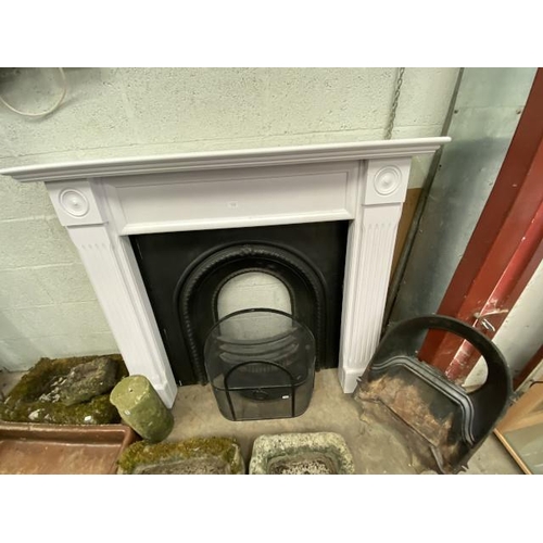 182 - White painted fire surround 117H 140W 18D with a cast fire insert 102 x 102cm and grate etc