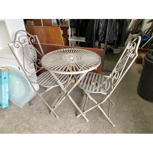 183 - Metal folding garden table 72H 60cm diameter and 2 folding chairs (new)