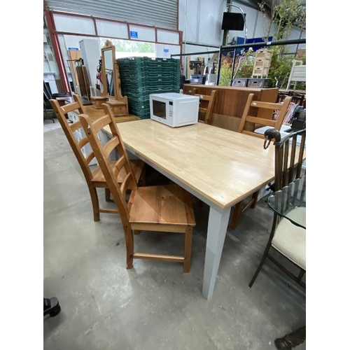 187 - Contemporary dining table 74H 150W 90D and 4 pine ladder back chairs