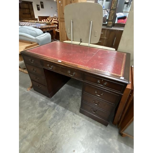 196 - Mahogany pedestal desk with red leather inset 77H 139W 78D