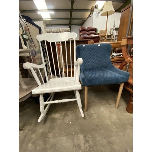 213 - White painted rocking chair 59W & a contemporary blue velvet bedroom chair 52W