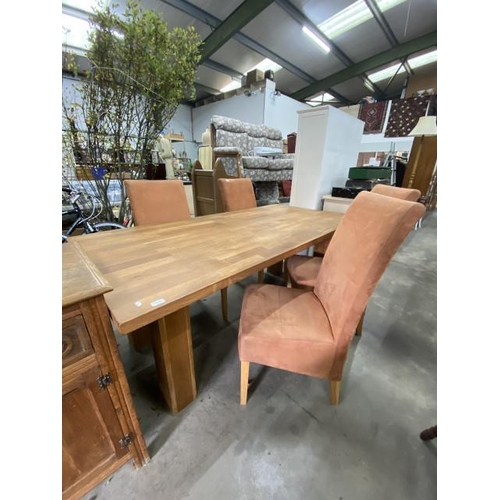 228 - Solid oak dining table 77H 200W 100D and 4 high back dining chairs