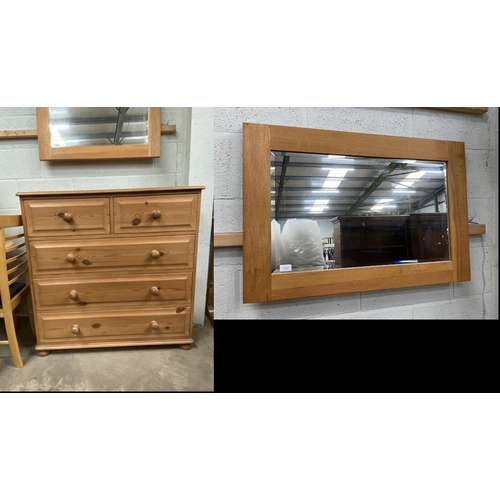 35 - Pine 2 over 3 chest of drawers 105H 106W 43D & a beech framed mirror 91 x 60cm