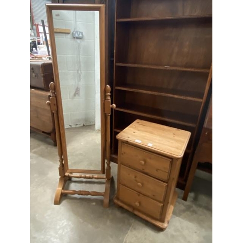 36 - Pine 3 drawer chest 69H 46W 38D and a pine cheval mirror 150H 37W