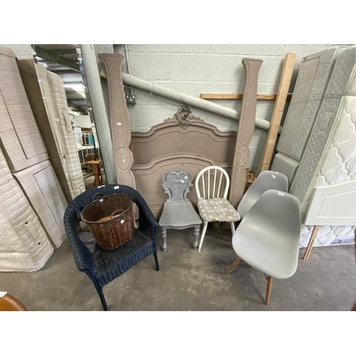 41 - Wicker bedroom chair 60W, wicker log basket, 2 painted bedroom chairs, 2 grey Eames style chairs and... 