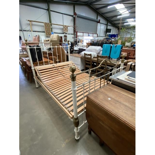 53 - Victorian white metal & brass double bed frame with side rails and lats