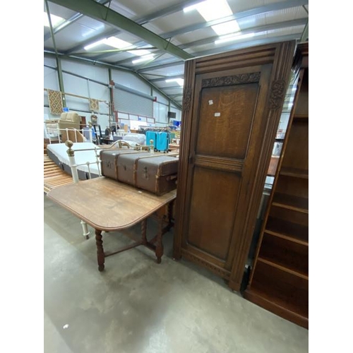 54 - Carved oak single door wardrobe 187H 68W 37Dm vintage travelling trunk and an oak barley twist drop ... 