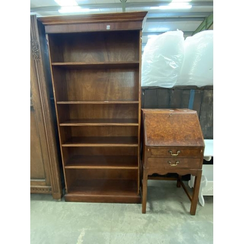 55 - Burr walnut bureau with one key 102H 52W 42D & mahogany bookcase with 5 shelves 183H 91W 28D