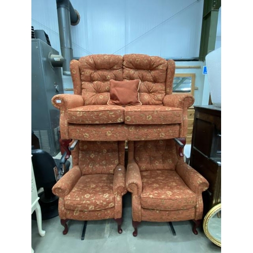 63 - Terracotta chenille upholstered 3 piece cottage suite (settee 130W, 2 chairs 74W & 80W)