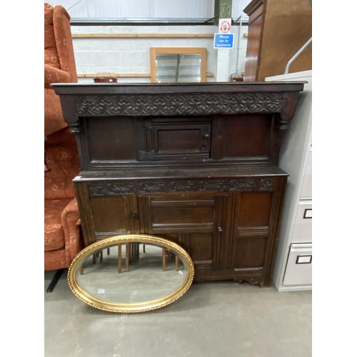 64 - 18th century oak court cupboard 128H 117W 51D & a gilt framed oval mirror 73 x 46cm