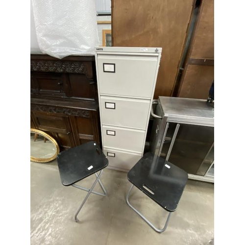 66 - Triumph 4 drawer metal filing cabinet (open but no key) 132H 47W 62D & 2 Ikea folding stools