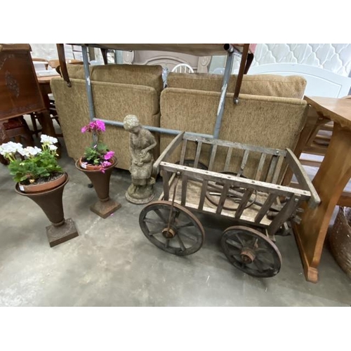 74 - Vintage wooden cart 54H 65W 52D (as found), 2 cast garden planters & a stone effect garden statue