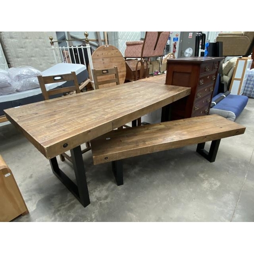 87 - Industrial style hardwood dining table 78H 180W 90D, 2 chairs and a matching bench 46H 160W 41D