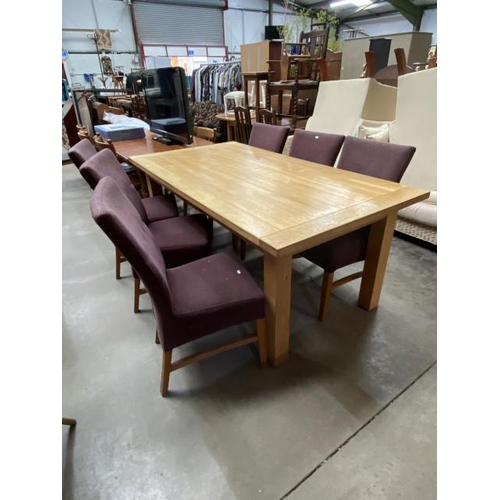 92 - Solid oak farmhouse dining table 78H 190W 100D and 6 upholstered chairs