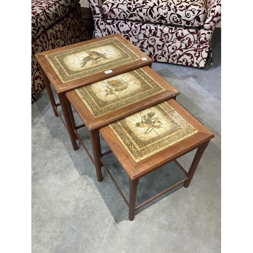 98 - Mid century Mobelfabrikken Toften nest of 3 tiled top teak tables 47H 55W 40D