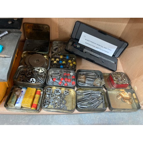 528 - Collection of tools inc. 2 cased electronic digital calipers, many tap & dies, spring calipers etc.