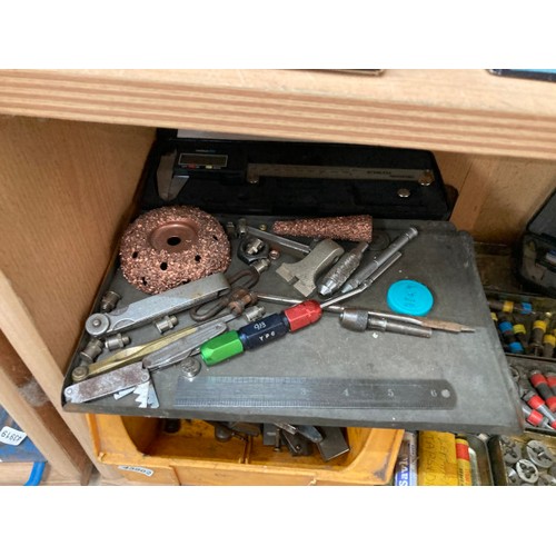 528 - Collection of tools inc. 2 cased electronic digital calipers, many tap & dies, spring calipers etc.