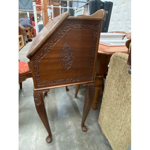 73 - Kashmir handmade artistic walnut writing bureau with one key 100H 75W 42D, mahogany inlaid chair 51W... 