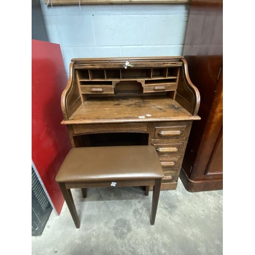 1 - 1930's oak roll top desk with tambour front and two keys 112H 91W 67D and a piano stool 64H 62W 30D