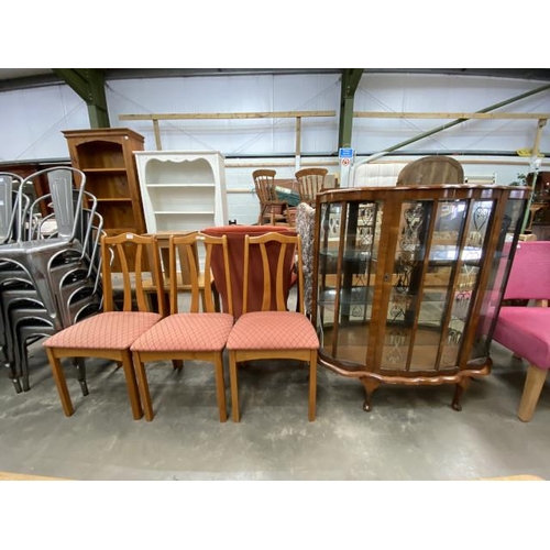 104 - Vintage display cabinet 115H 103W 31D, 3 teak dining chairs