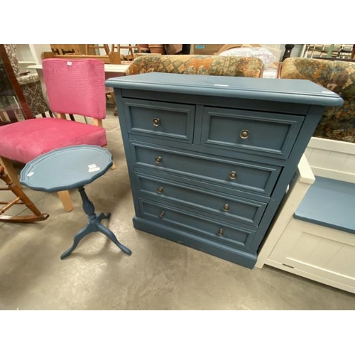 107 - Hand painted 2 over 3 chest of drawers 79H 70W 35D and painted wine table 51H 33cm diameter