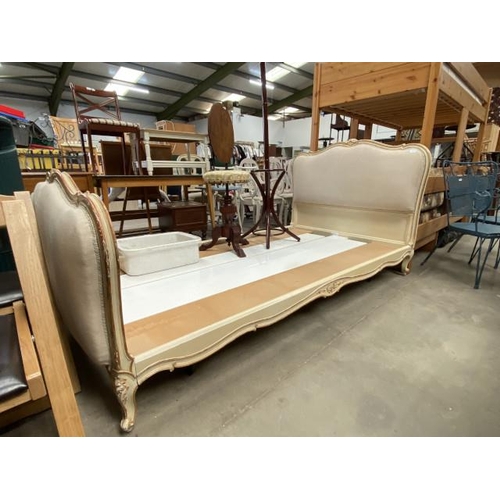 116 - French cream linen 3’6” bed frame with side rails and lats