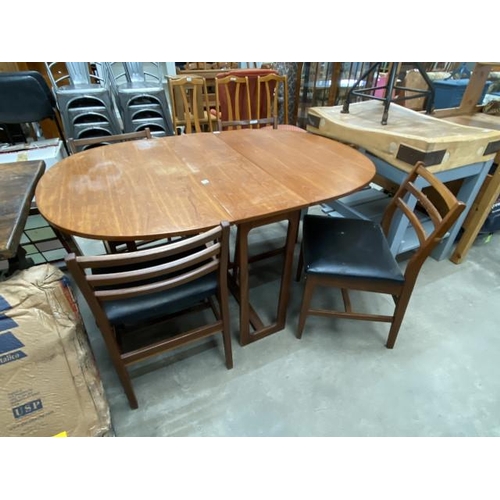 119 - Mid century teak Danish drop leaf table 73H 30-150W 106D and 4 matching chairs