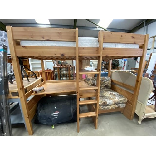 136 - Pine high sleeper bed with desk to underneath (including Myers’s ‘Nova’ mattress 169H 208W 103D