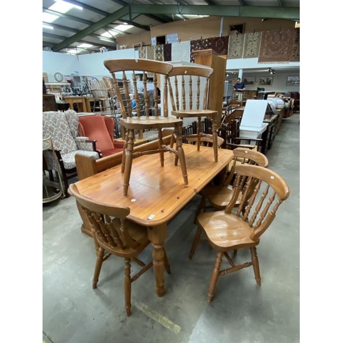 14 - Pine farmhouse table 75H 163W 86D and 6 spindle back chairs