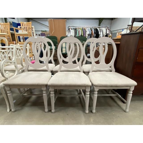 148 - 6 painted dining chairs with linen upholstery 54W