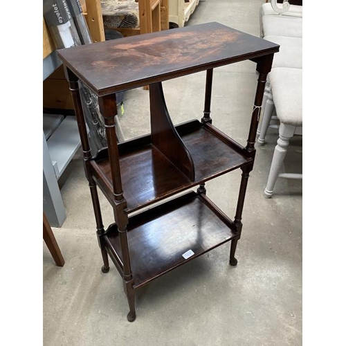 149 - Victorian mahogany three tier book stand on turned supports and bun feet 86H 48W 26D