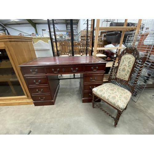 156 - Mahogany pedestal desk with red leather inset 77H 122W 60D and a 17th century style carved oak desk ... 