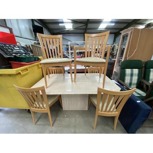 170 - Travertine dining table 74H 160W 90D and 6 beech framed chairs