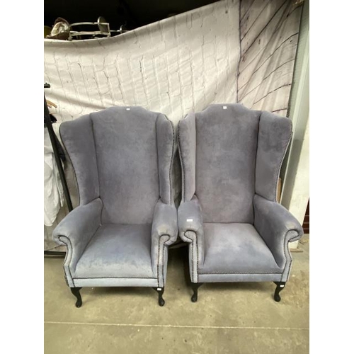 183 - 2 good quality blue/grey brushed cotton high back wing armchairs 134H 82W 60D