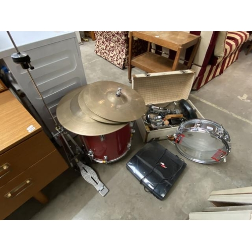 23 - Remo Weather King Ambassador Snare, Hohner Percussion drum, 4 cymbals with stands etc