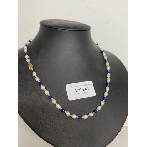 241 - 14K gold clasped fresh water pearl & lapis lazuli bead necklace, 46cm long