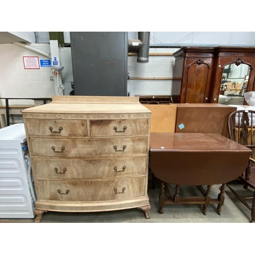 25 - Stripped mahogany 2 over 3 chest of drawers 119H 107W 54D and an oak barley twist drop leaf table 77... 