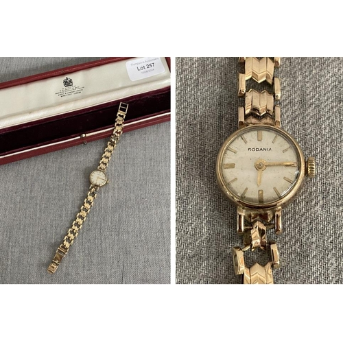 257 - 9ct gold cased Rodania ladies watch with 9ct gold strap, combined weight inc. glass & movement 13.9g