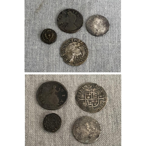 259 - 4 early coins inc. hammered Mary Tudor Silver Groats, silver William III Shilling, Roman coin & a ha... 