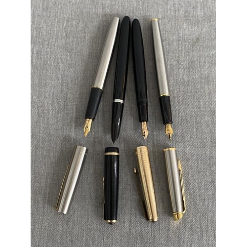 264 - Pens; Parker Frontier fountain pen, Parker Duofold 14K nib fountain pen, Parker 1/5 12ct rolled gold... 