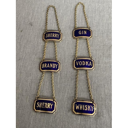 268 - Set of 6 gilt & enamel decanter labels, 'Brandy', 'Gin', two 'Sherry', 'Whisky' & 'Vodka' 3x5cm