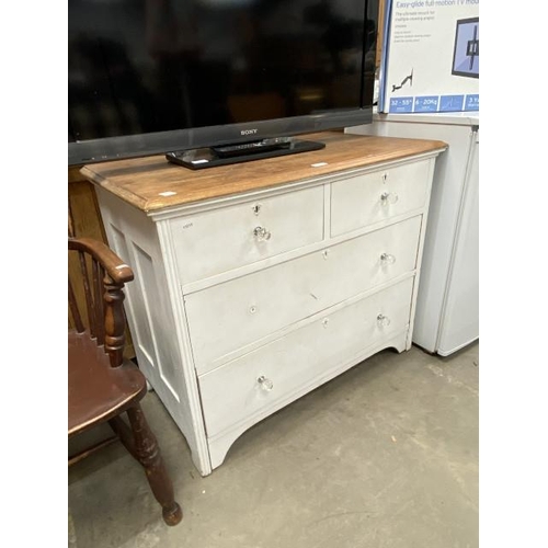 28 - Painted oak 3 drawer chest with stripped oak top 78H 95W 51D