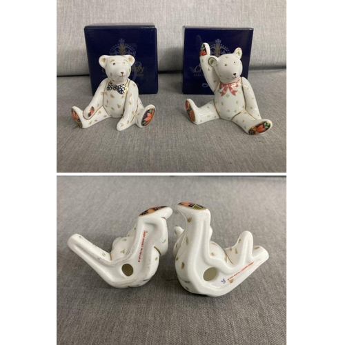 292 - 2 Royal Crown Derby miniature Teddy Bears - ‘Edward’ & ‘Victoria’ waving (boxed and in excellent con... 