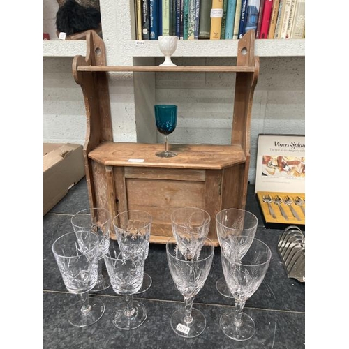 304 - 2 sets of 4 wine glasses inc. Stuart, antique pine wall rack/ cupboard 43W 57H 18D etc.