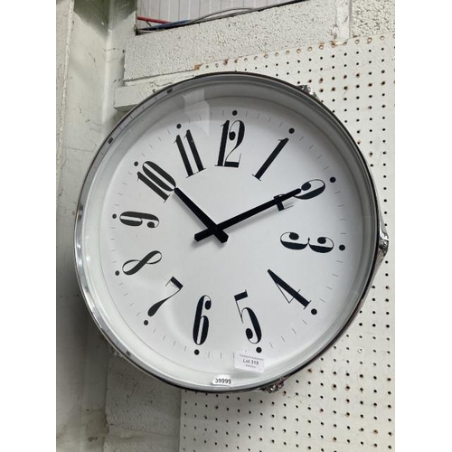 319 - Chrome & silver wall clock in the style of a drum, NEW 42cm diameter